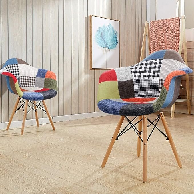 AWF AL WADI FURNITURE® Set of 2 Patchwork Chairs Fabric Armchairs Multicolor Dining Chairs Office Chairs Vintage Chairs with Wood Legs for Living Room Bedroom Dining Room Set Home Office Furniture