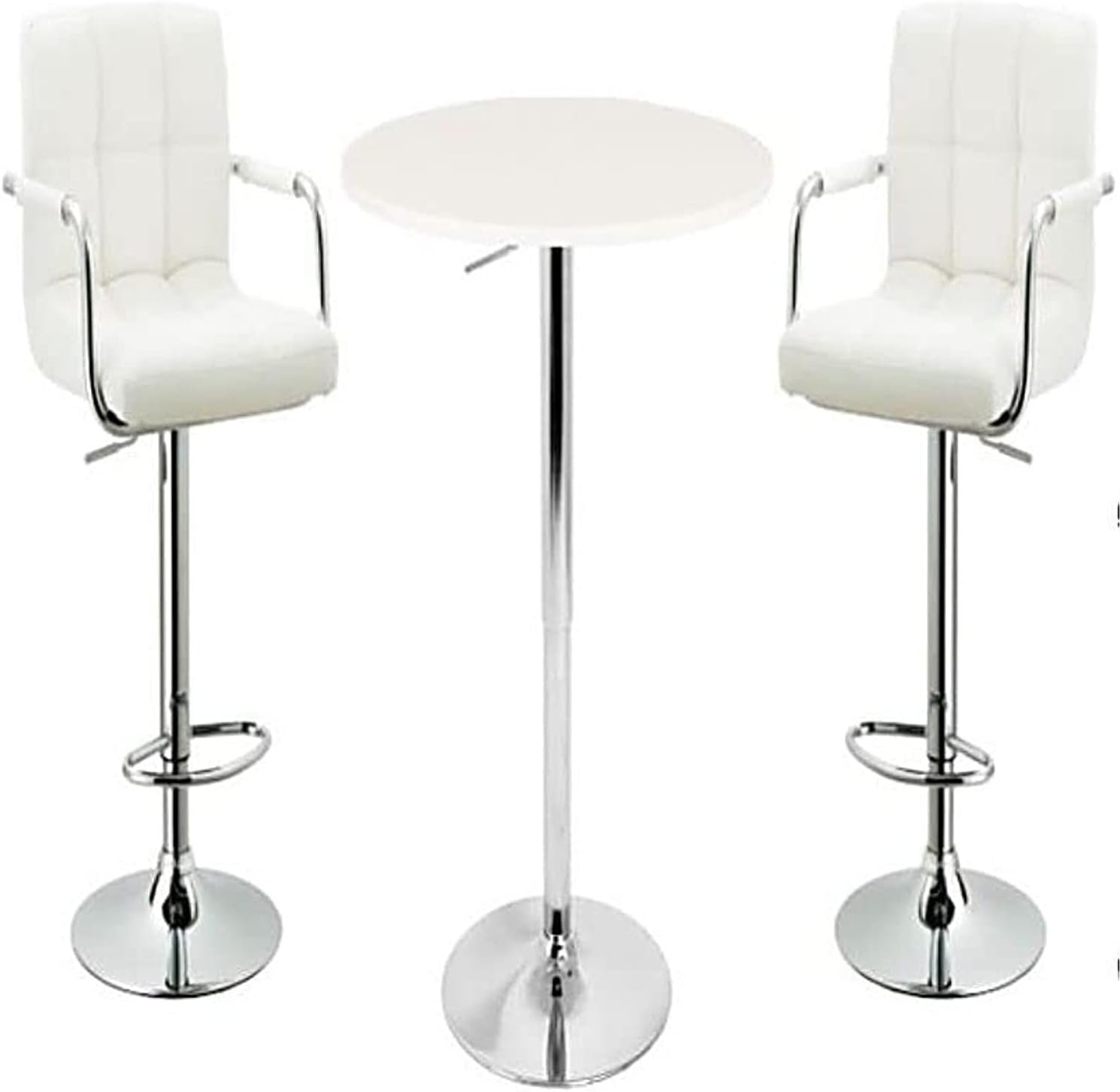 AWF AL WADI FURNITURE® 3-Piece Adjustable Round MDF Wood Bar Table Set with 2 Bar Stools for Pub Counter Kitchen Home PU Leather Bar Chairs with Arms Footrest 360°Swivel Perfect for Small Space, White