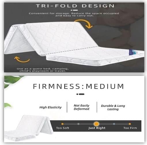 AWF AL WADI FURNITURE® Single Medicated Floral White Quilted Portable Tri-Fold Mattress in Storage Bag with Press Micro Fiber Pillow for Home,Hotel,Guest,Office,Car,Sofa,Chair,Bed - 180L x 90W x 7H cm