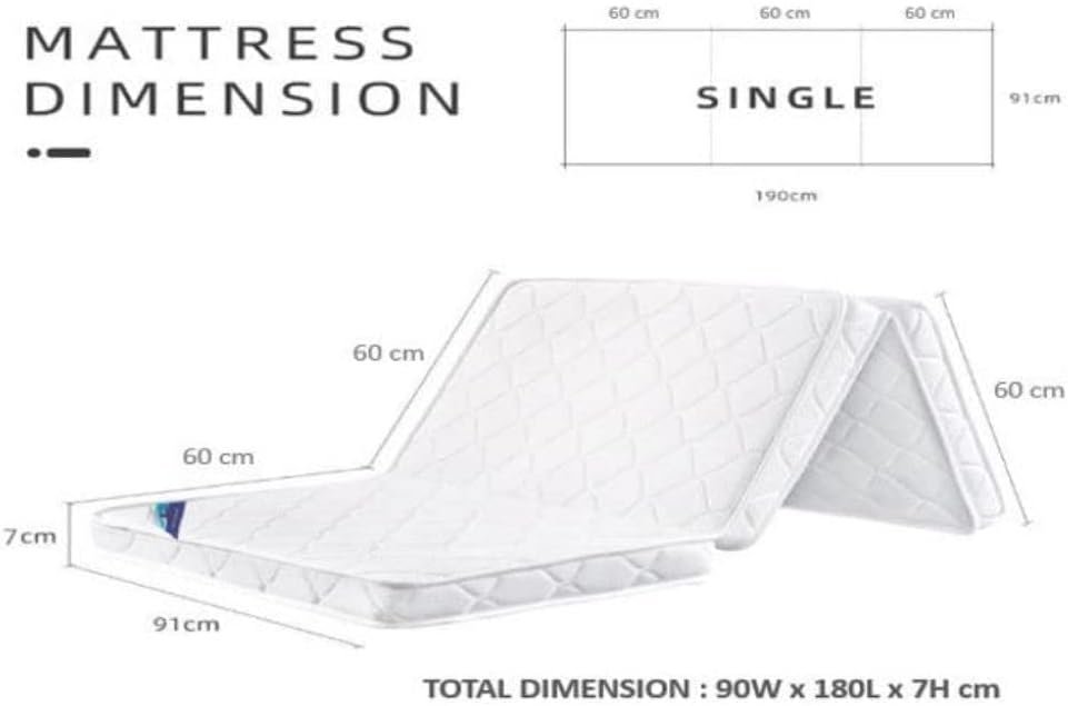 AWF AL WADI FURNITURE® Single Medicated Floral White Quilted Portable Tri-Fold Mattress in Storage Bag with Press Micro Fiber Pillow for Home,Hotel,Guest,Office,Car,Sofa,Chair,Bed - 180L x 90W x 7H cm