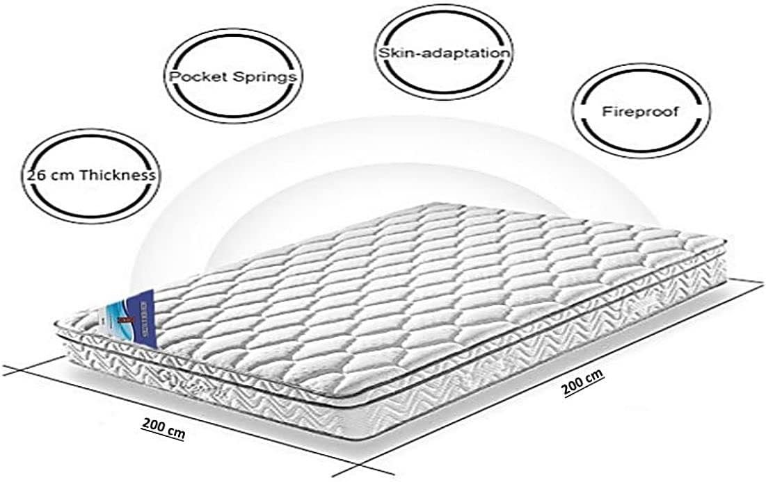A AWF AL WADI FURNITURE SINCE 1991 Super King Multilayer Hybrid Pocket Spring Mattress Twin Breathable Foam - Soft Feel, Spine Support, Box Top Series, 200L x 200W x 26H cm, WHITE